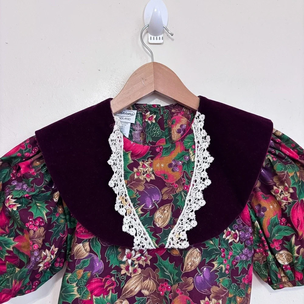 Youngland Traditions‎ Vintage Fruit Print Harvest Dress Girls 8 Burgundy Lace